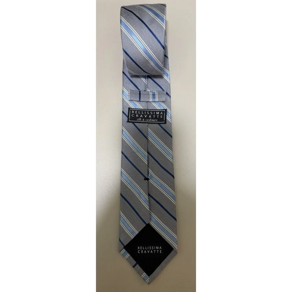 Bellissima Cravatte Cashmere Silk Blend Necktie Tie Striped Gray Blue Classic